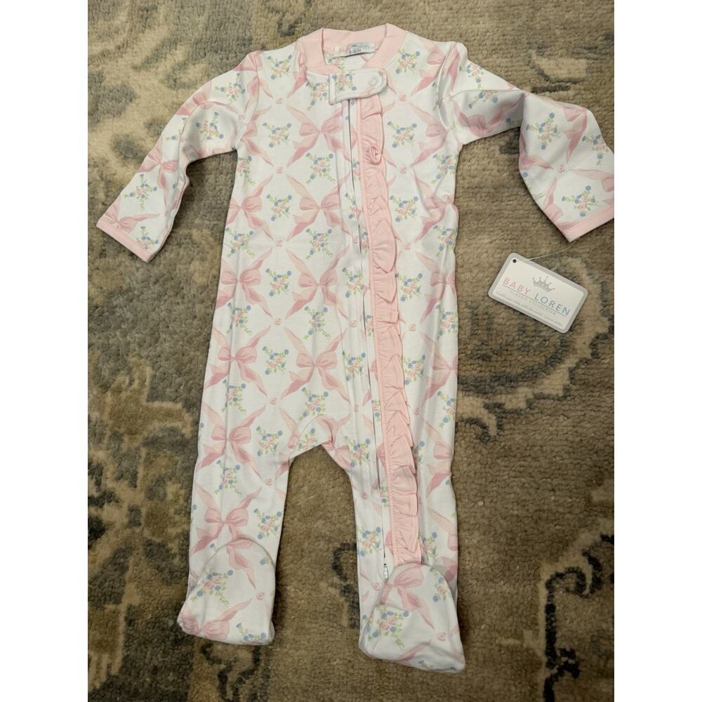 Baby Loren Pink Bows Pima Zipper Footie 3-6 Months NWT